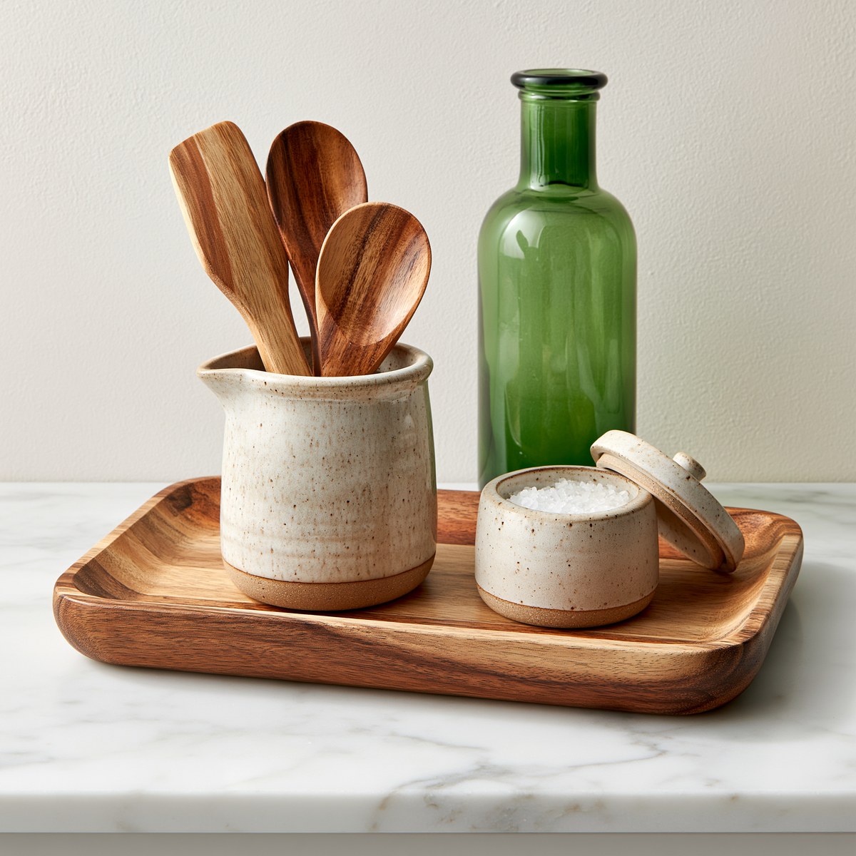 Acacia tray beside the stove holding wooden spoons, oil bottle and salt cellar