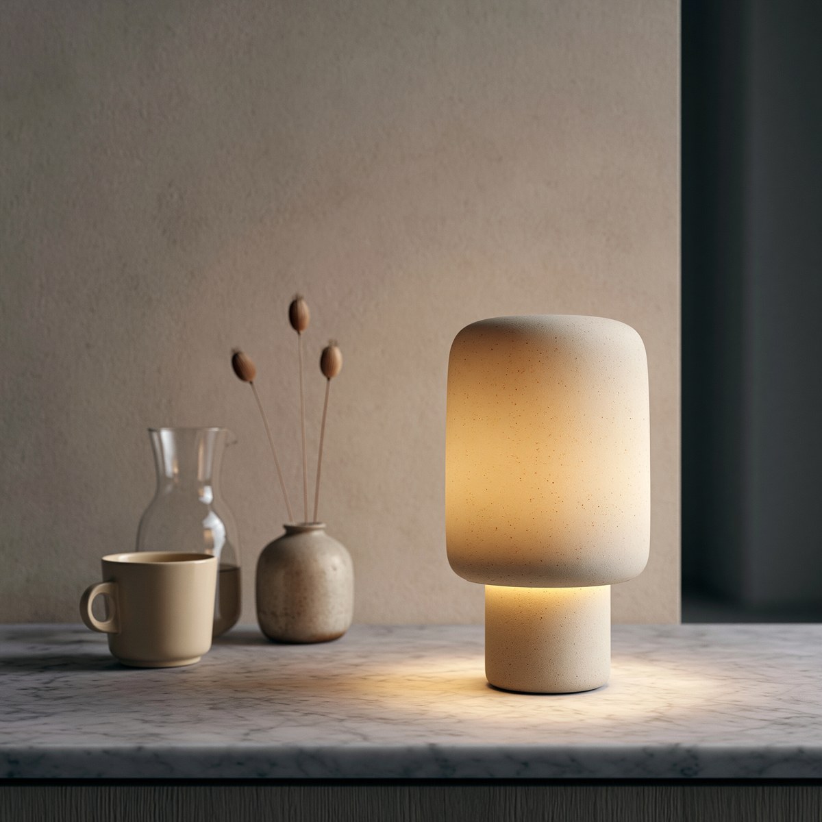 Small ceramic lamp lit at dusk on a cleared white marble counter