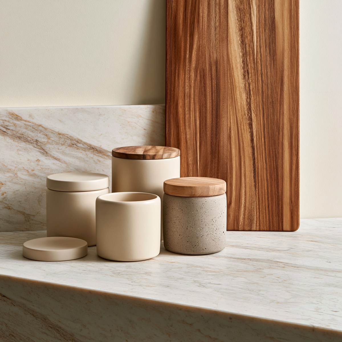 Cream stoneware canisters and an acacia serving board leaned against a plaster wall