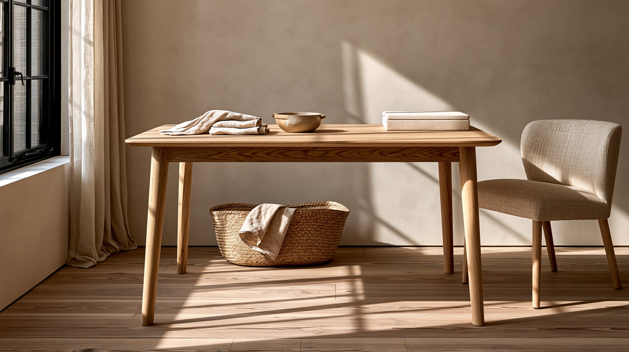 Light oak dining table cleared for sorting with a woven basket and three folded linens