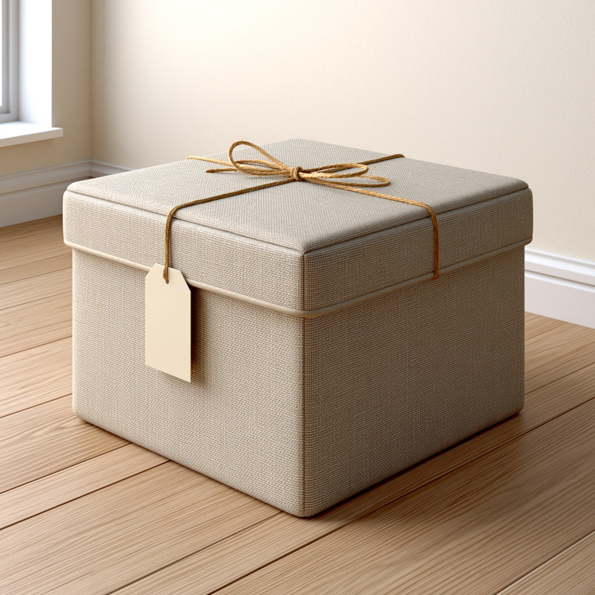 Closed fabric storage box on an oak floor with a small dated paper label