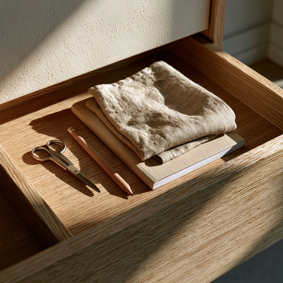 Open drawer at reach height with a few objects and generous empty space