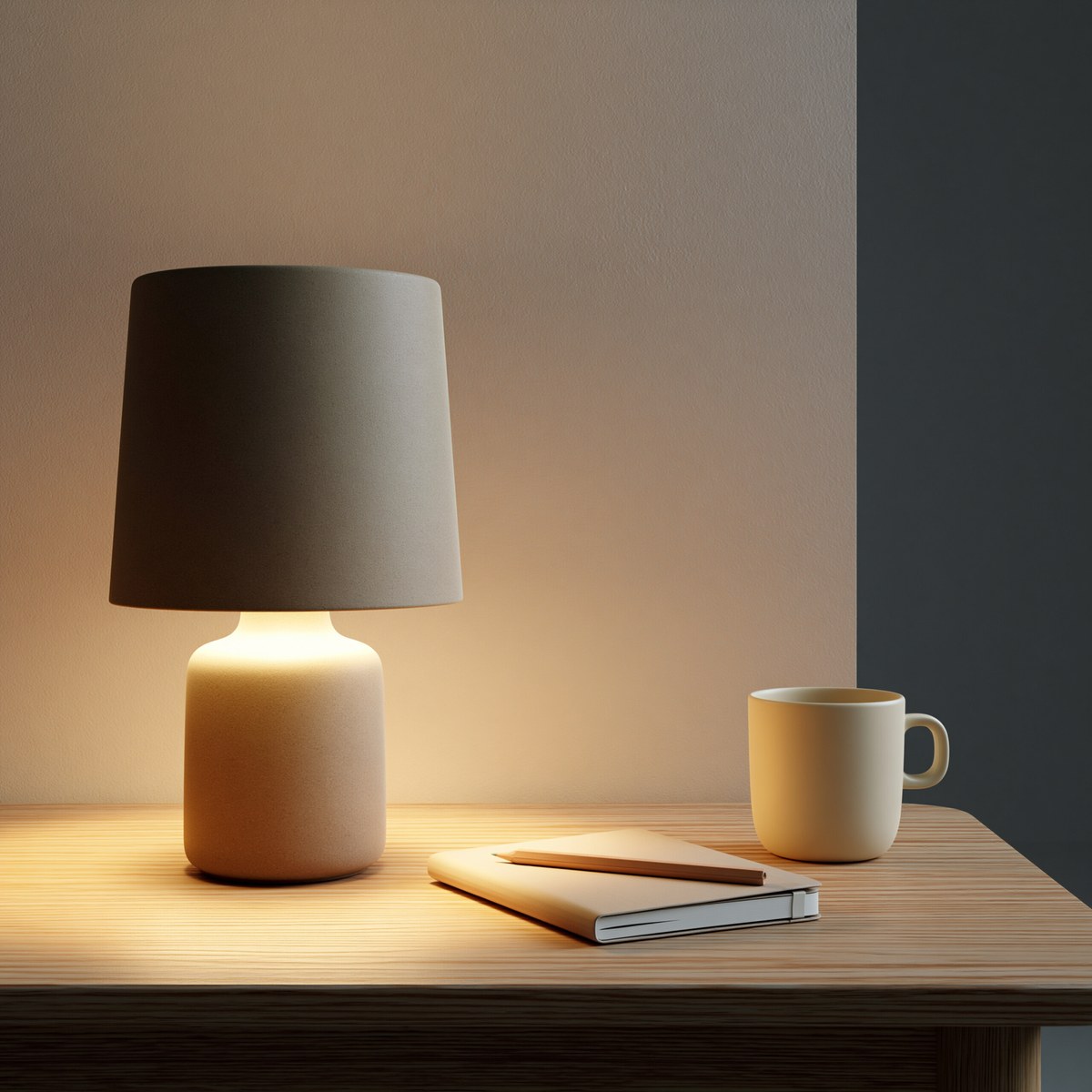 Small lamp lit at dusk on a cleared oak table with a closed notebook and pencil