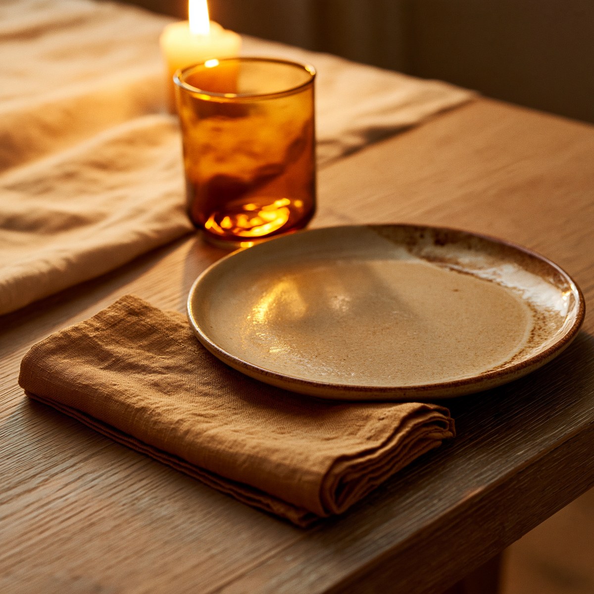 One folded linen napkin lying flat beside a cream reactive glaze plate