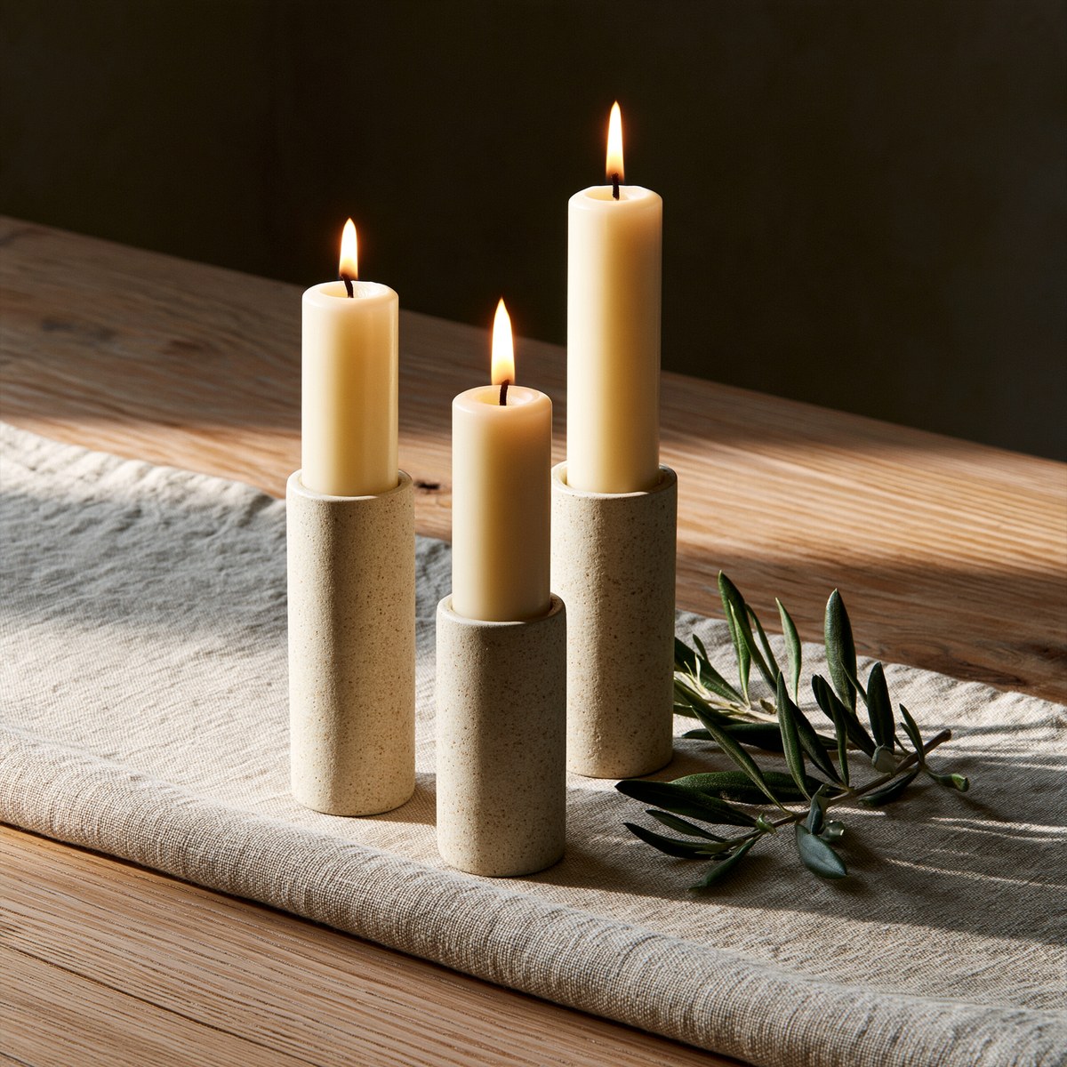 Three slim tapers at staggered heights on an oat linen runner
