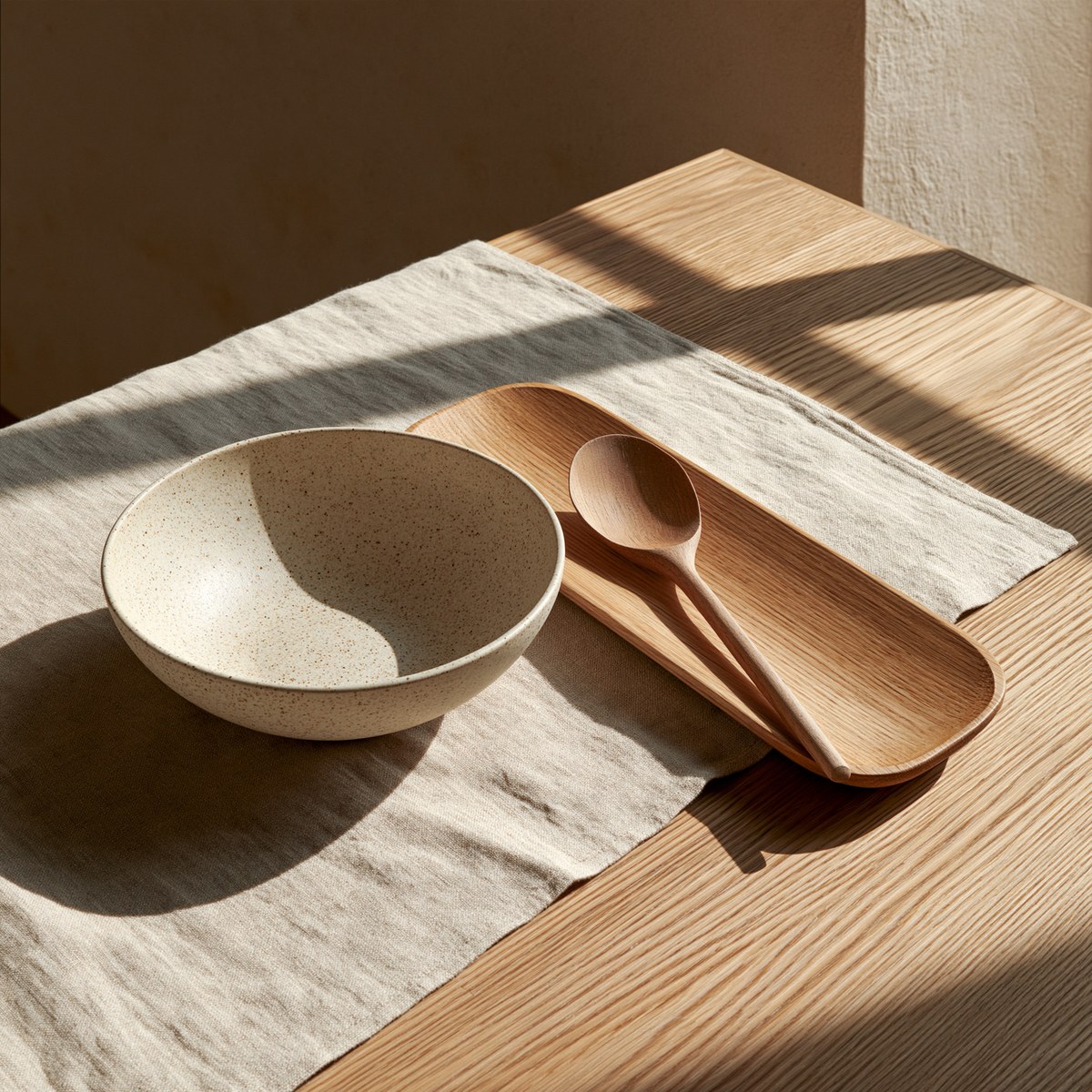 Wide shallow stoneware bowl and a long wooden board in a table centre