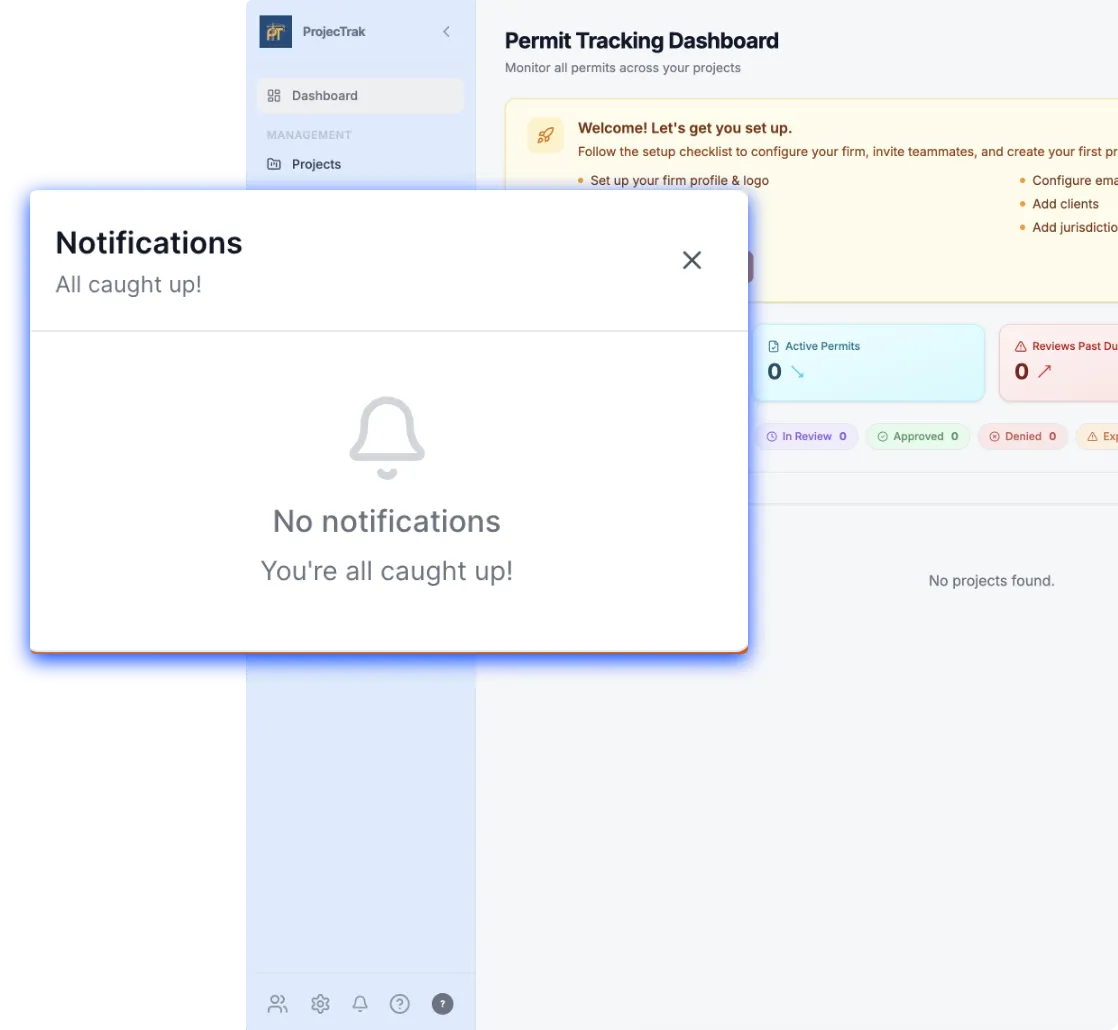 Permit Tracking Dashboard interface with a notifications popup showing no notifications and all caught up message.