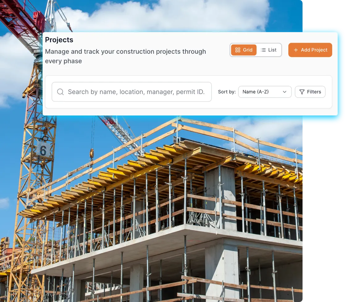 Construction project management interface overlaid on a building under construction with scaffolding and cranes in the background.