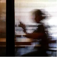 A blurry image of a person sitting at a table.