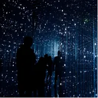 A group of people standing in front of a wall of stars.