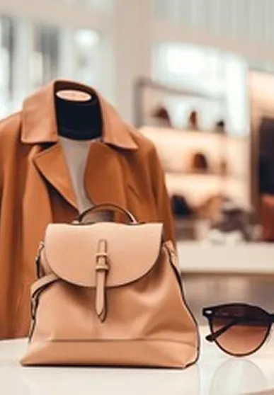 Tan leather backpack, brown coat on mannequin, and sunglasses displayed on a white surface in a boutique.