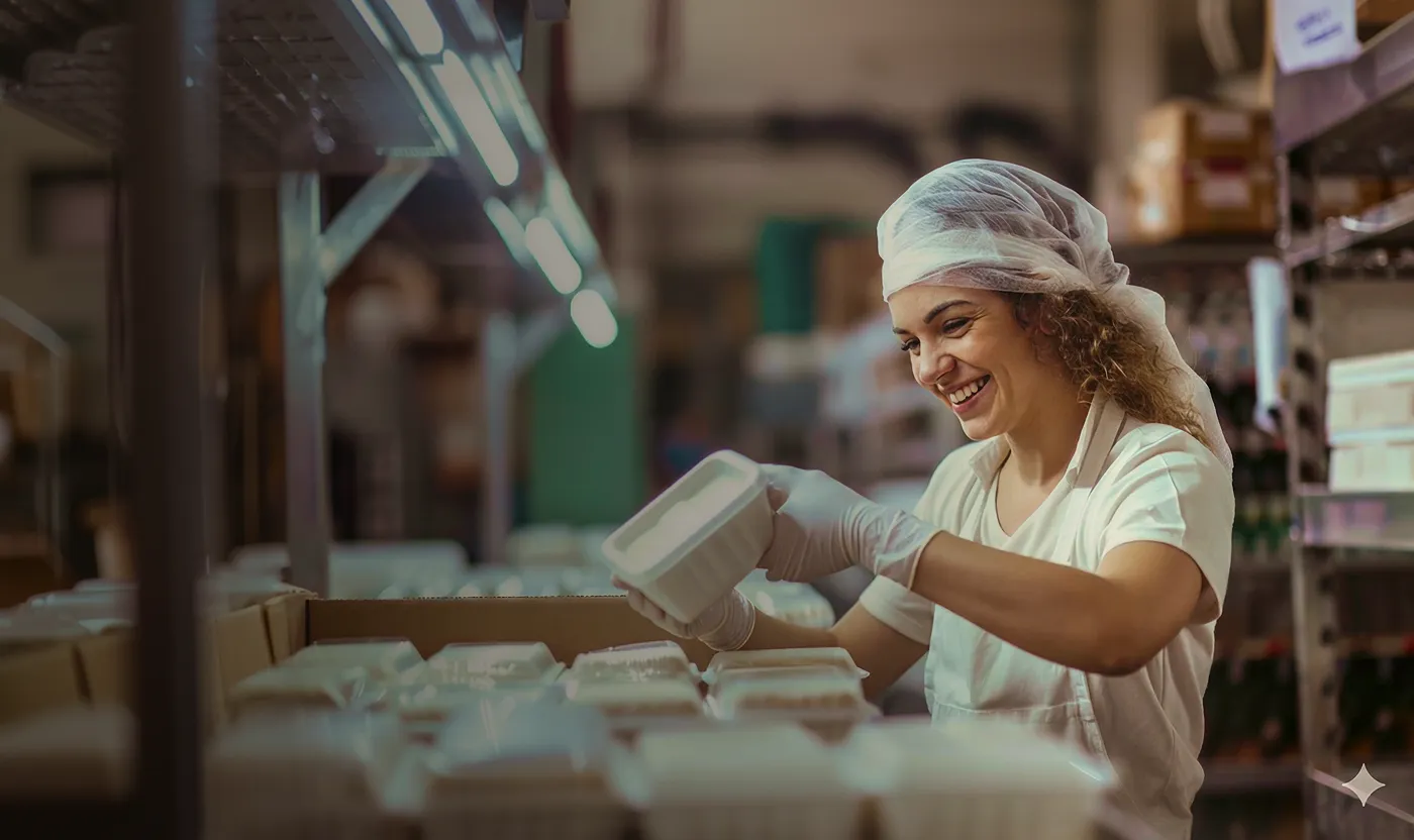 Smiling woman in hairnet and gloves packing white containers in a food production facility.