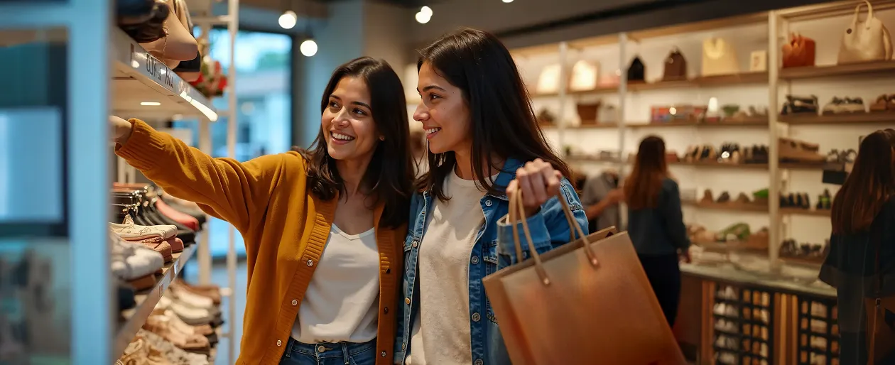 Two women looking at shoes in a shoe store.