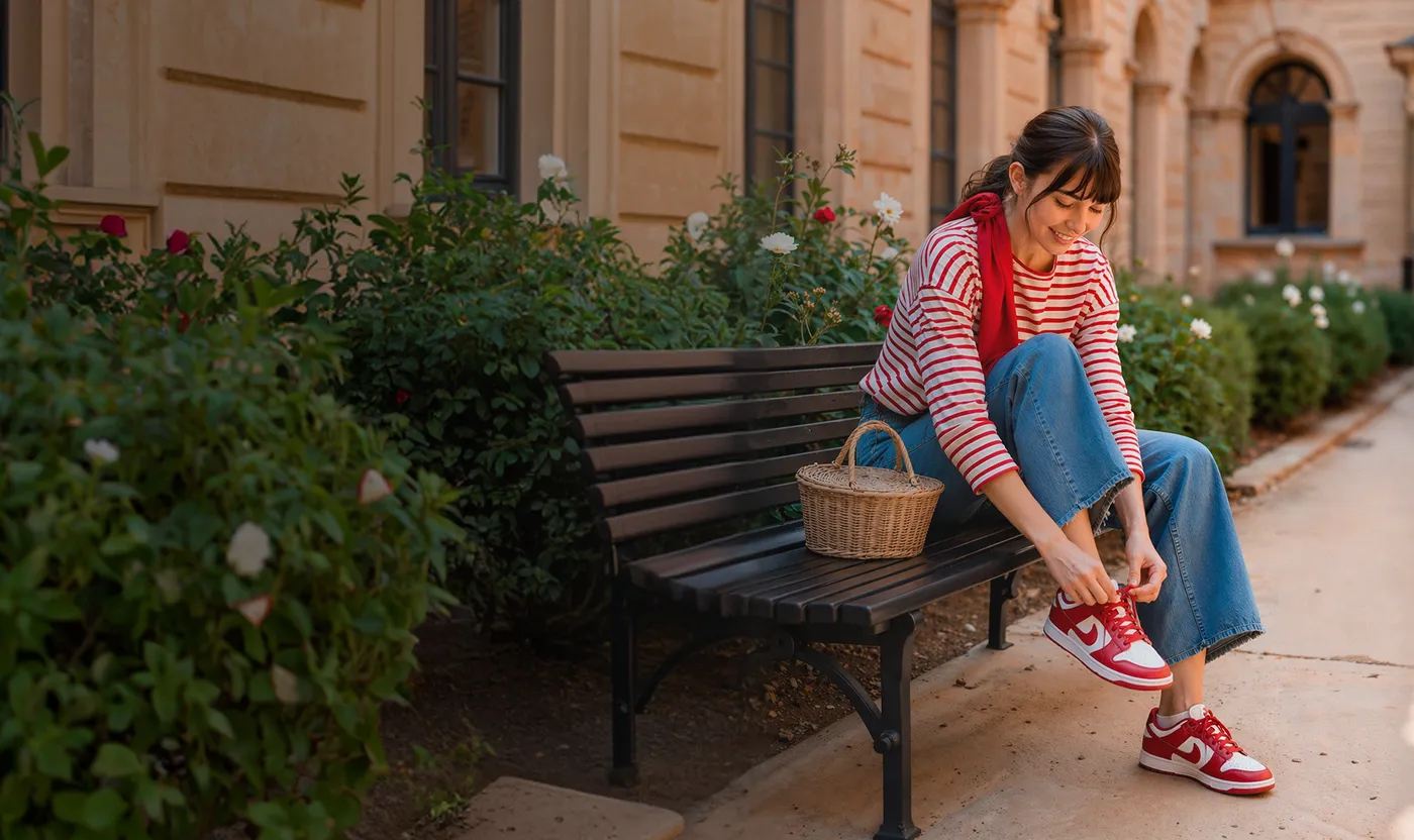 A woman sitting on a bench in front of a building.