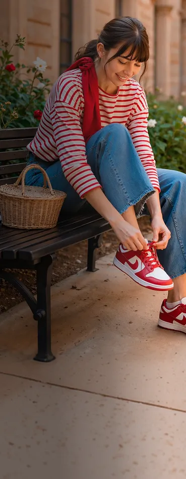A woman sitting on a bench tying her shoes.