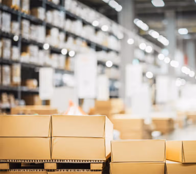 Stacks of cardboard boxes on pallets in a large warehouse with shelves in the background.