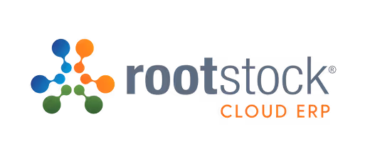 Rootstock Cloud ERP logo with colorful interconnected dots forming a shape to the left of the text.
