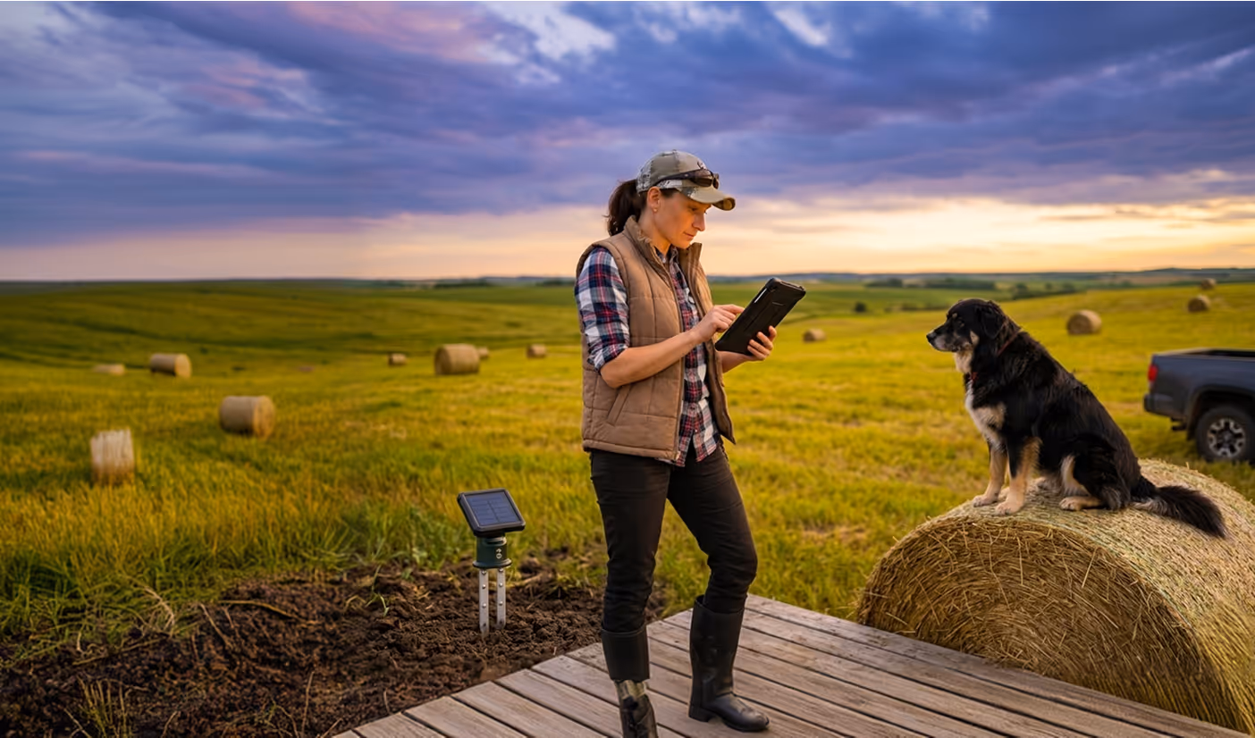Woman in outdoor gear using tablet near a dog sitting on hay bale at sunset in a field.