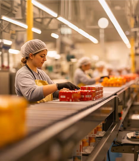 Factory worker wearing hairnet and gloves packaging jars on a conveyor belt in a food processing plant.