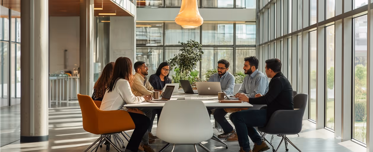 Seven people sitting around a conference table with laptops in a bright modern office space.