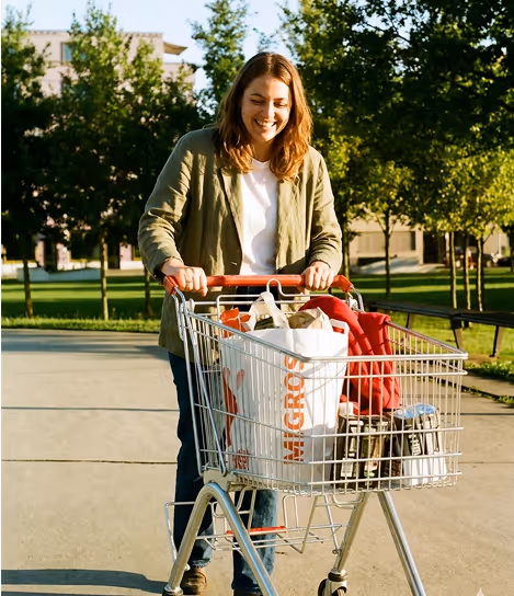 Smiling woman pushing a shopping cart full of groceries outdoors on a sunny day.