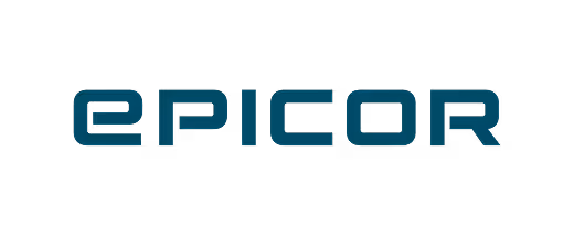 Epicor company logo in teal and black colors on a black background.