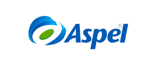 Aspel company logo with a blue circular design and green detail next to the blue text Aspel.