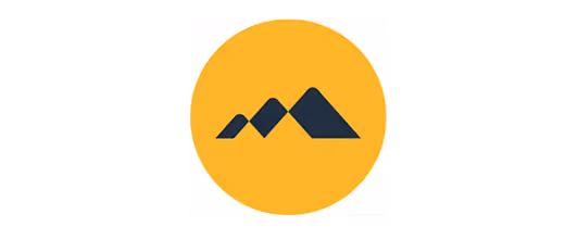 Black mountain-shaped abstract logo on an orange circular background.