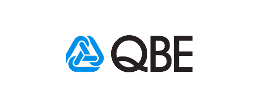 QBE company logo with stylized blue triangular icon and black letters QBE.