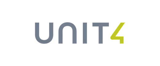UNIT4 logo with the number 4 in green and the rest of the text in gray on black background.