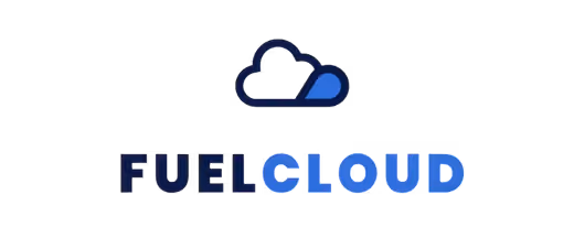 FuelCloud brand name with cloud and fuel drop logo above in blue and black.