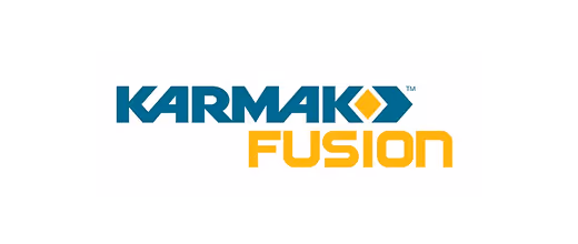 Logo with text 'KARMAK' in blue and 'FUSION' in orange with diamond shapes.