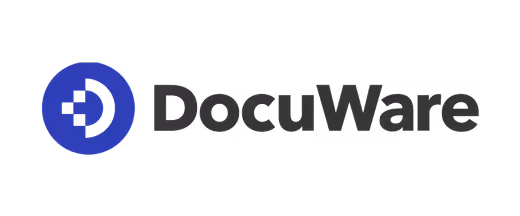 DocuWare company logo with blue circular design and black text.