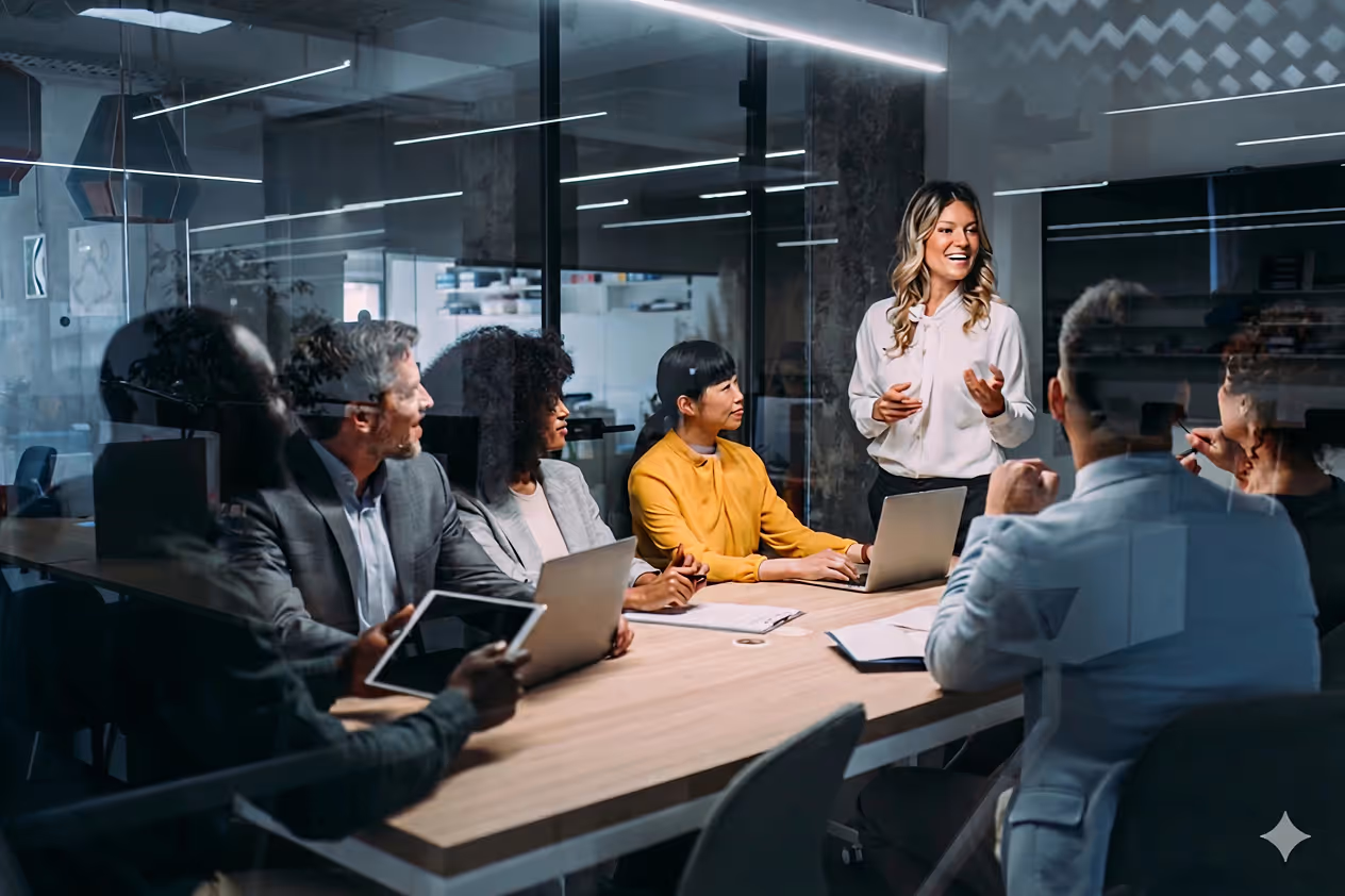Smiling woman in white blouse presenting to a diverse team in a modern glass-walled conference room.