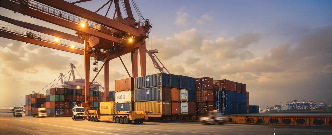 Shipping containers stacked at a port with cranes and trucks moving around during sunset.