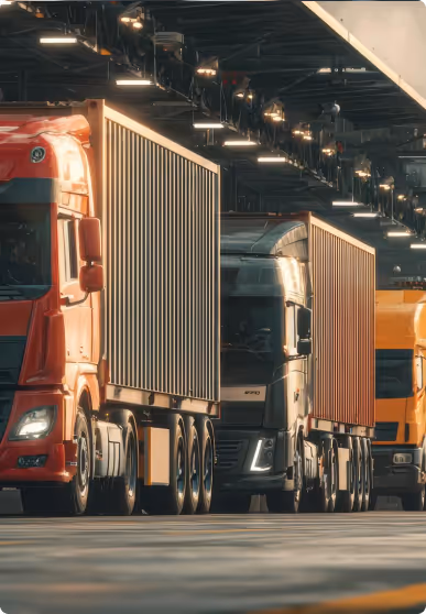 Red, gray, and yellow cargo trucks lined up inside a warehouse or shipping terminal.