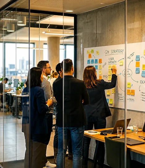 A group of people standing in front of a whiteboard.