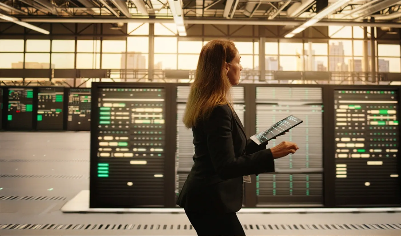 A woman standing in front of a wall of data.