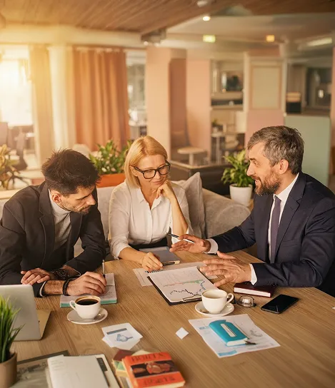A group of people sitting around a wooden table.