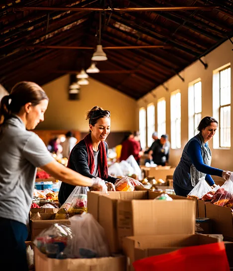 A group of people standing around boxes of food.