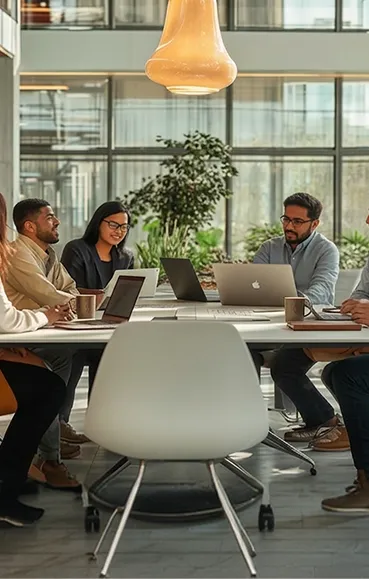 A group of people sitting around a table with laptops.
