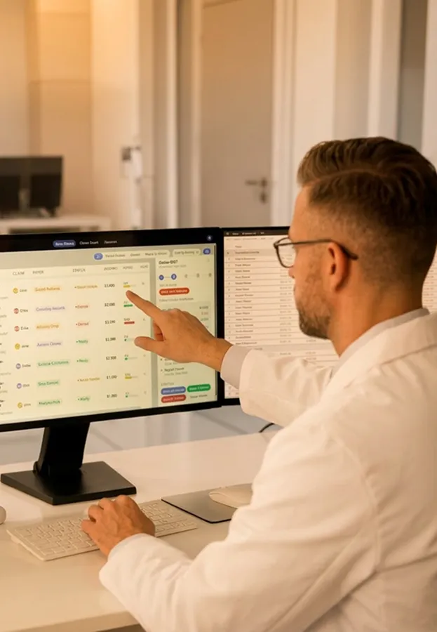 A man pointing at a computer screen on a desk.