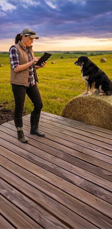 A woman standing on a wooden deck next to a dog.