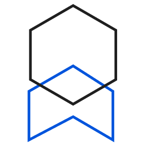 A black and blue line drawing of a hexagonal object.