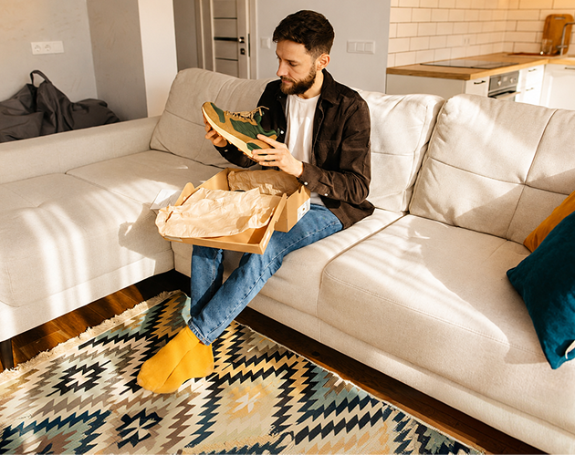 A man sitting on a couch reading a book.