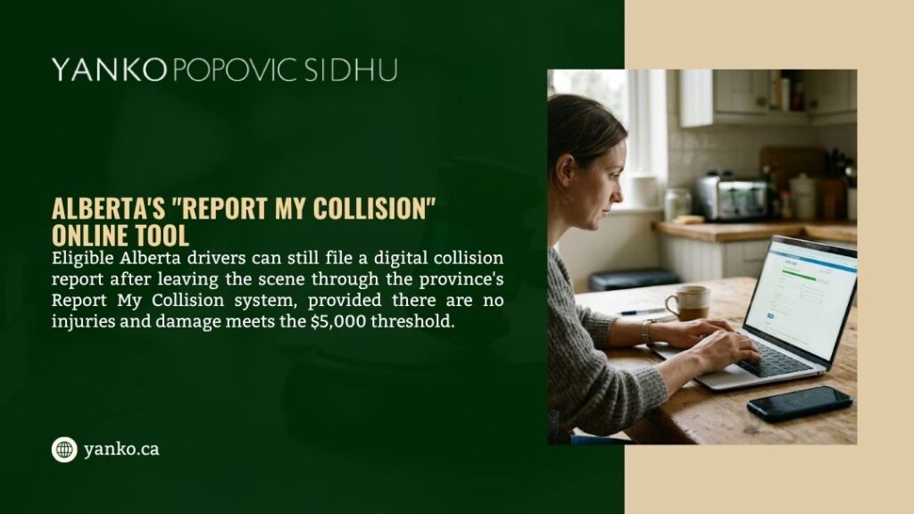 Woman filing collision report on laptop at home, illustrating Alberta's "Report My Collision" online tool for eligible drivers after a crash.