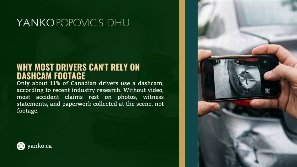 Person photographing car damage on smartphone, illustrating why most drivers can't rely on dashcam footage when filing accident claims.