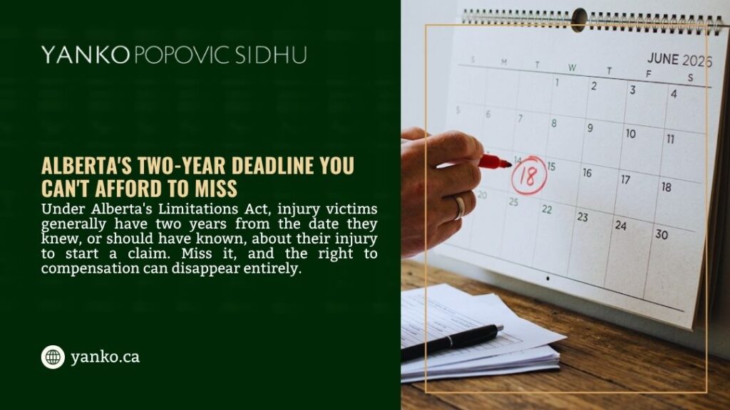 Hand circling date on calendar with red marker, illustrating Alberta's two-year deadline you can't afford to miss under the Limitations Act.