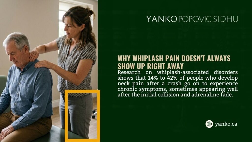 Therapist examining man's neck and shoulder, illustrating why whiplash pain doesn't always show up right away after a car accident.
