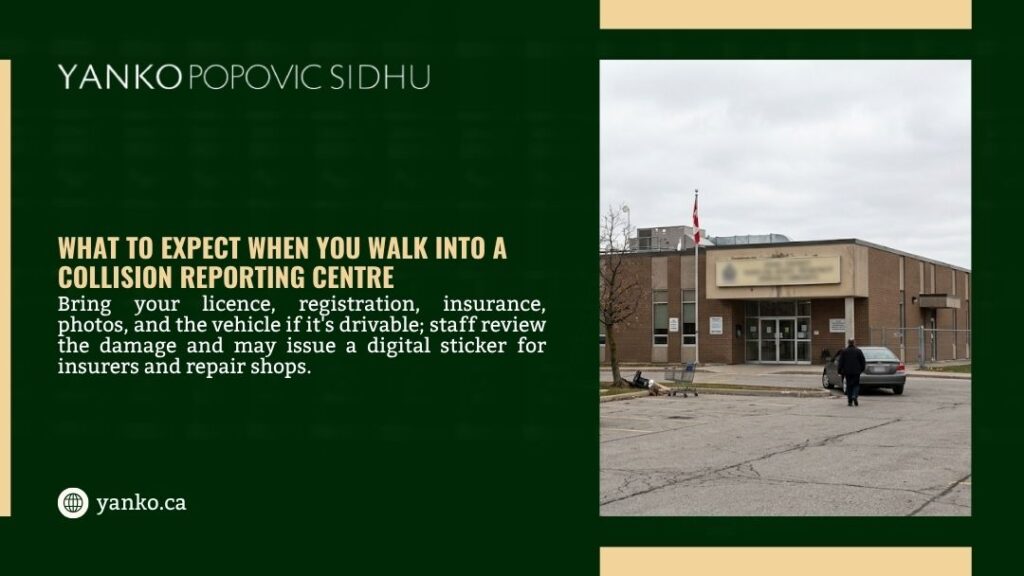 Person walking toward collision reporting centre building, illustrating what to expect when you walk in with documents and your vehicle.